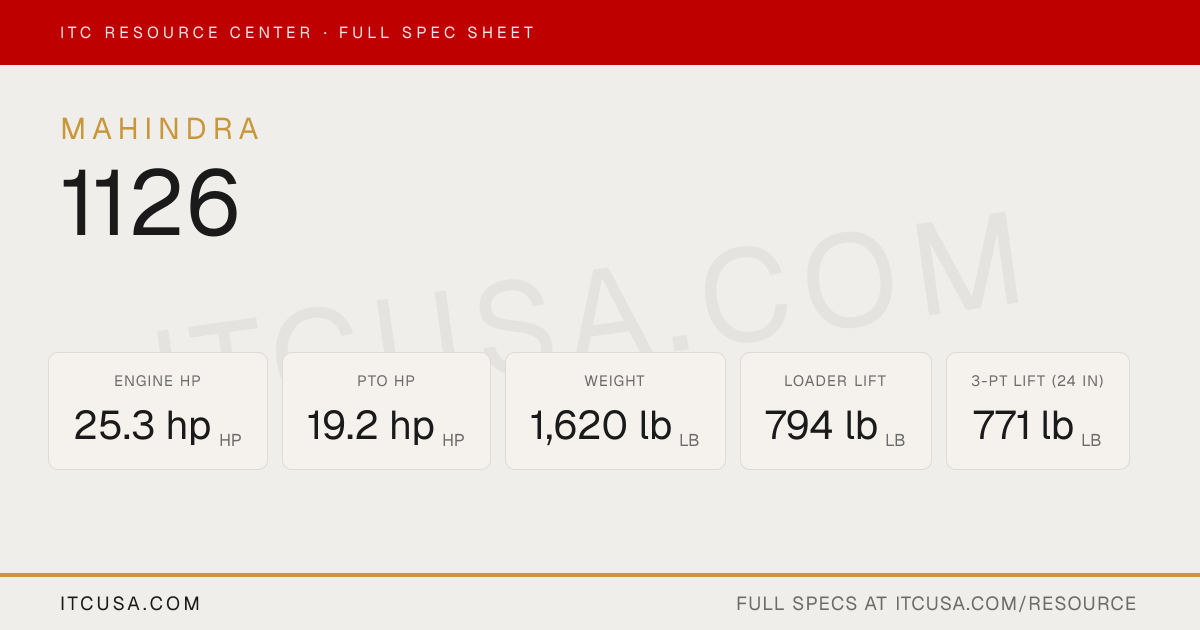Mahindra 1126 Specs (25.3 HP) — Reviews & Comparison Tool | ITC 2026